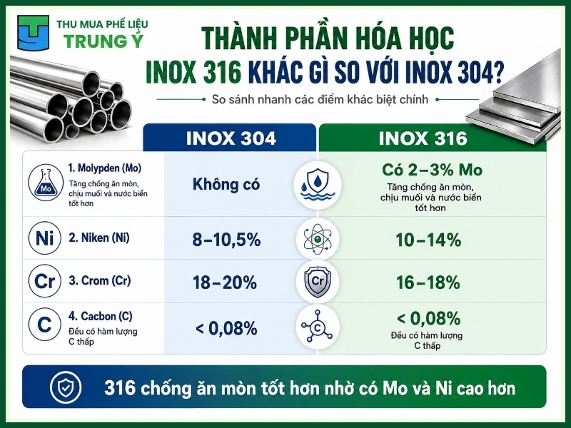 Thành phần hóa học inox 316 khác gì so với inox 304?