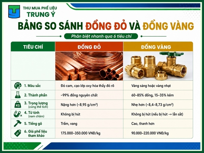 Bảng so sánh đồng đỏ và đồng vàng chi tiết