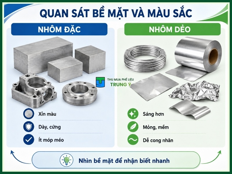 Quan sát bề mặt và màu sắc nhôm