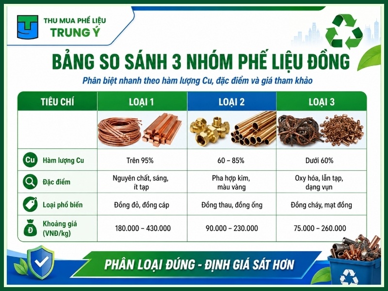 Bảng so sánh 3 nhóm phế liệu đồng