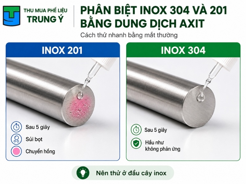 phân biệt inox 304 và 201 bằng dung dịch axit
