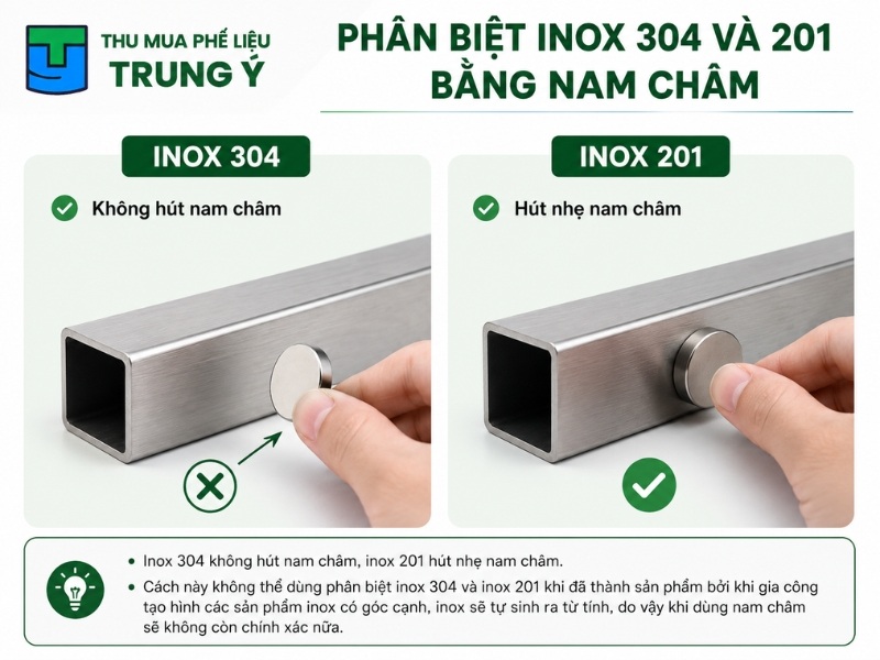 phân biệt inox 304 và 201 bằng nam châm