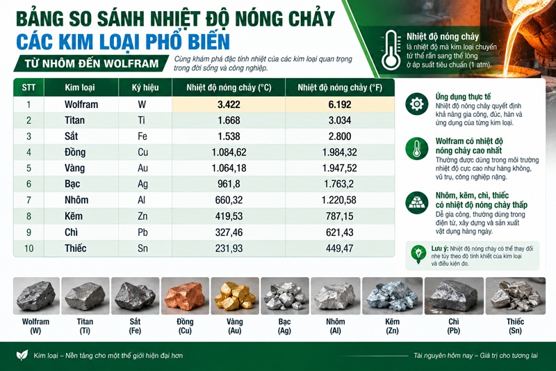bảng so sánh nhiệt độ nóng chảy các kim loại phổ biến từ nhôm đến wolfram