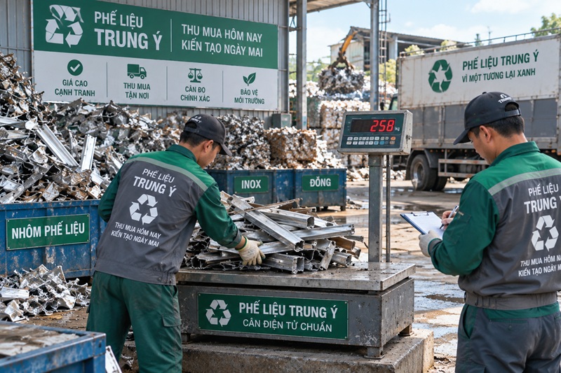 nhân viên cân phế liệu kim loại bằng cân điện tử tại bãi thu mua