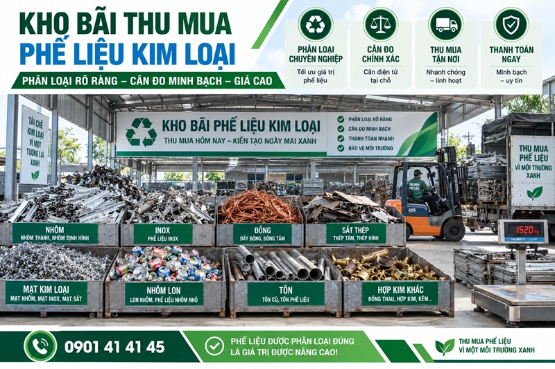 kho bãi thu mua phế liệu kim loại đã phân loại gọn gàng