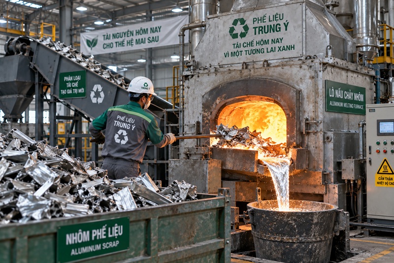 lò nấu chảy nhôm phế liệu trong nhà máy tái chế kim loại