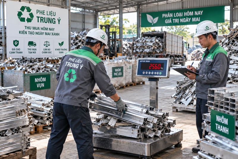 nhân viên cân đo nhôm phế liệu tại kho bằng cân điện tử chuẩn