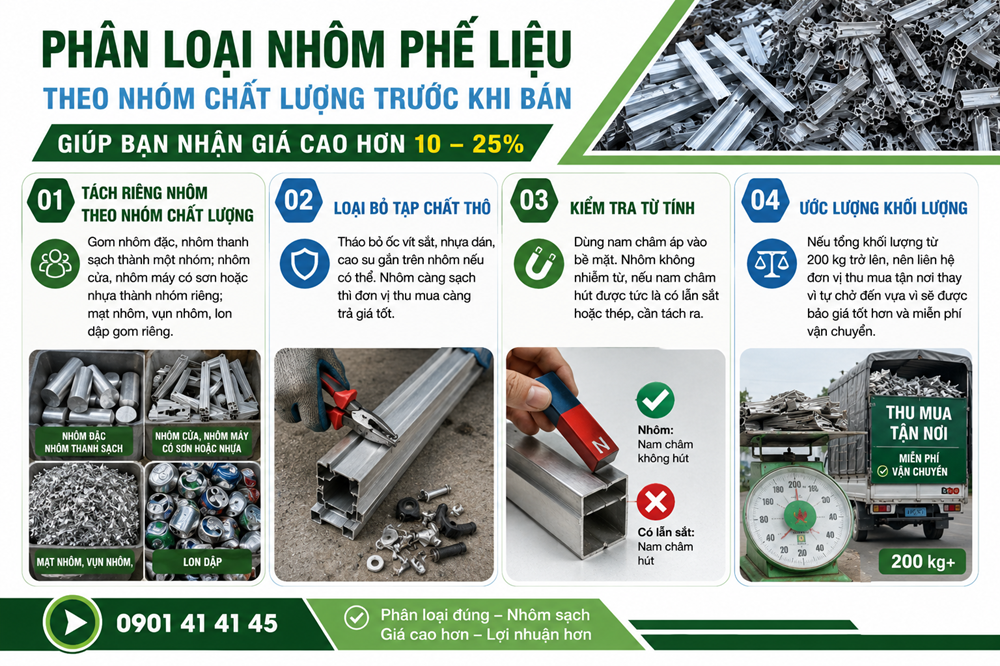 Phân loại nhôm phế liệu theo nhóm chất lượng trước khi bán giúp được giá cao hơn