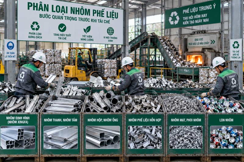 nhôm phế liệu các loại được phân loại trước khi đưa vào lò nấu chảy tái chế