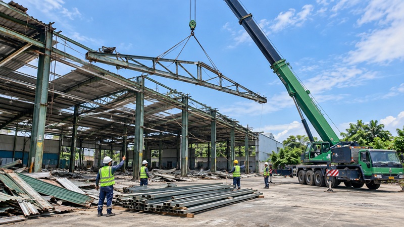 xe cẩu tháo dỡ kèo thép và xà gồ nhà xưởng cũ